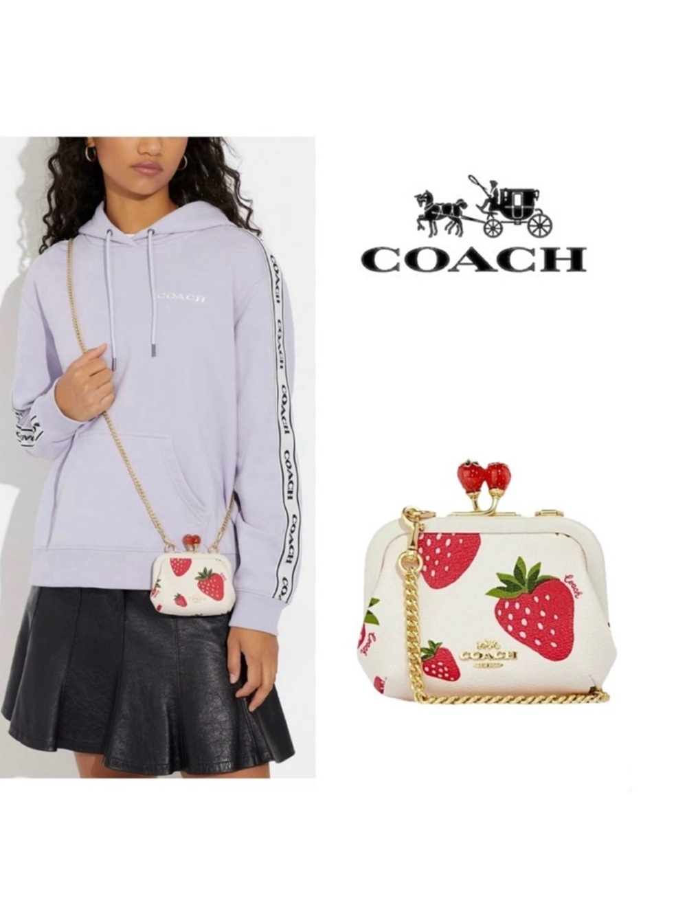 Rare! 🍓Coach Nora Kisslock Card Case Crossbody Chalk & Wild Strawberry + COA🍓